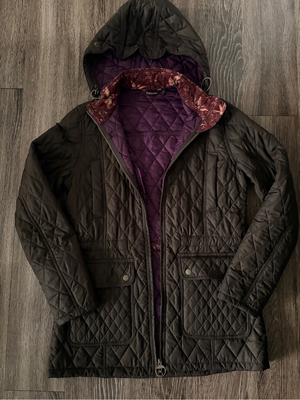 Barbour Women’s Quilted Hooded Jacket - Black with Purple Lining